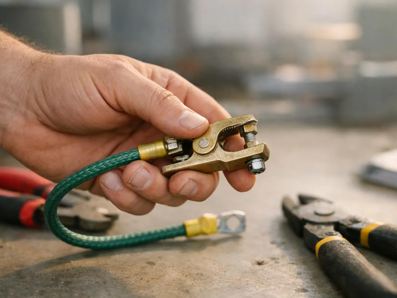 Hand holding a brass battery cable clamp with green wire above workshop pliers