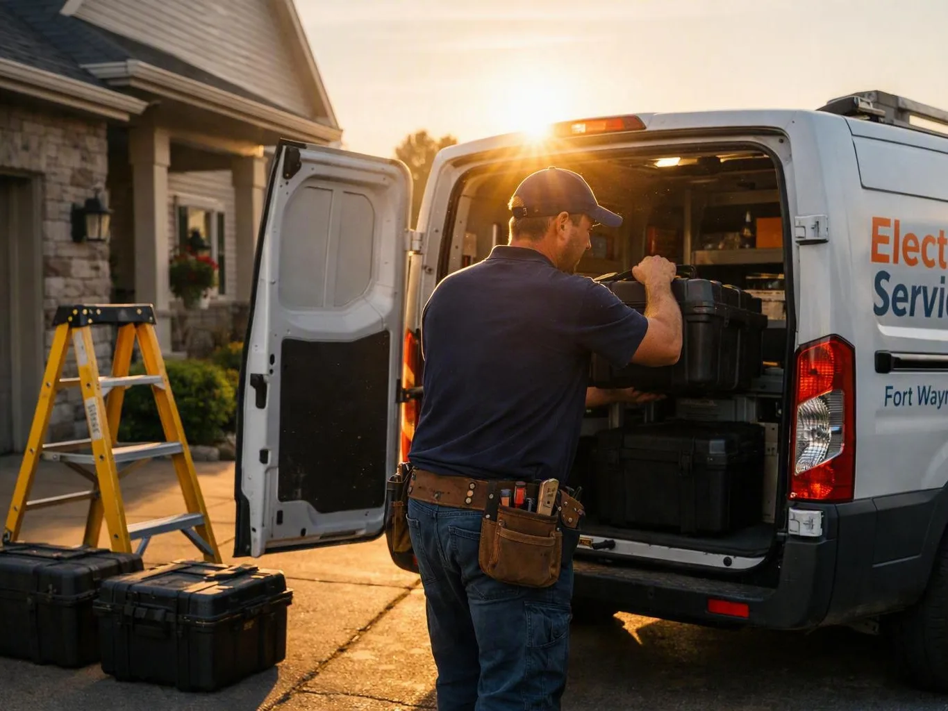Tradesman loading black tool cases into a white service van beside a house