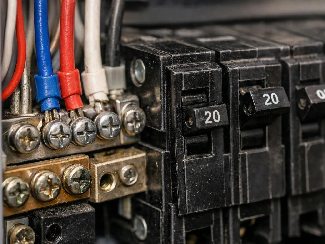 Close-up of electrical wiring and two black circuit breakers labeled 20 inside