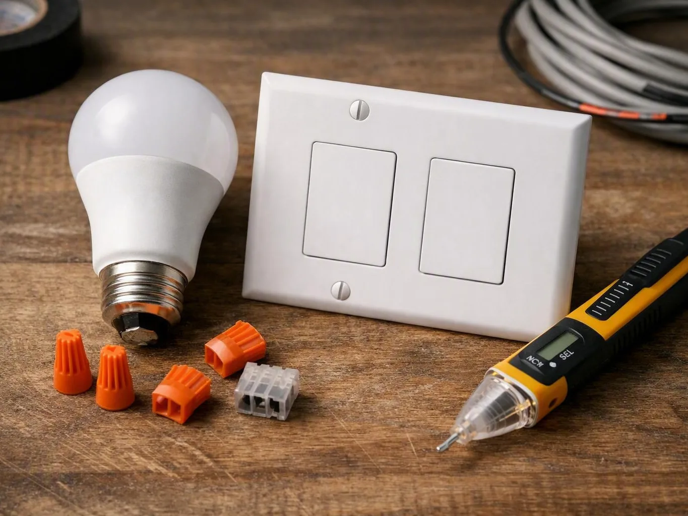 Electrical supplies and voltage tester arranged on a wooden workbench