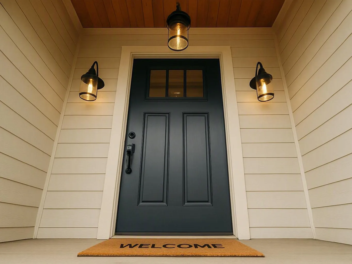 Black front door with three lit lanterns beneath a covered entryway