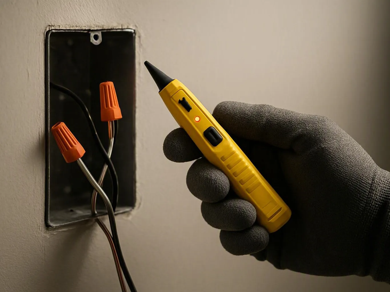 Gloved hand checking exposed wall wires with a yellow voltage tester