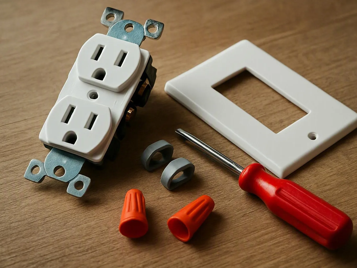 Electrical outlet repair parts, screwdriver, wire nuts, and mounting hardware