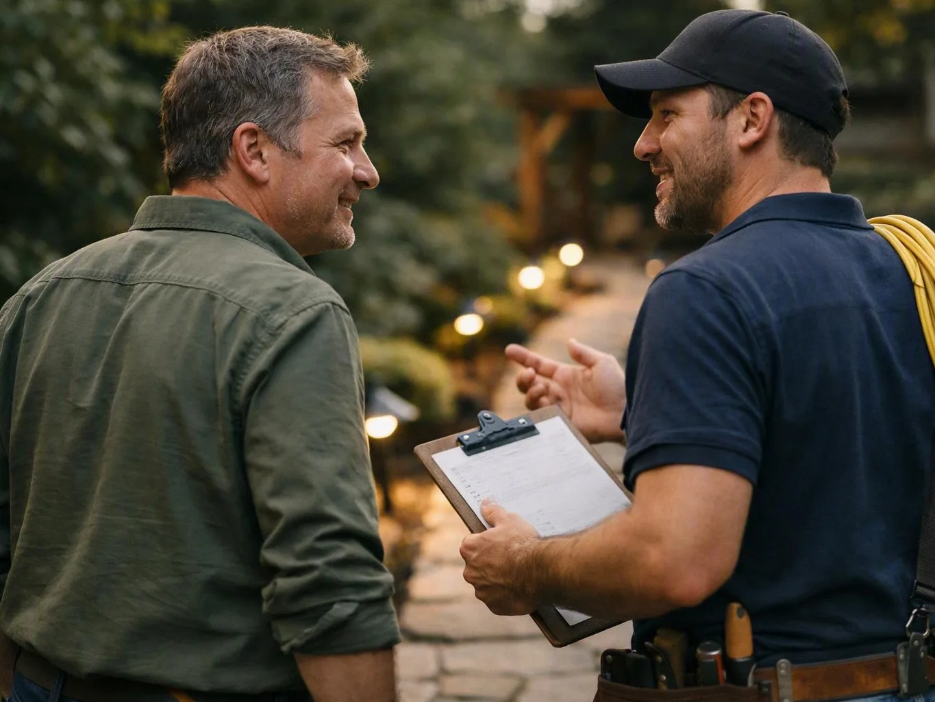 Two men discussing electrical work on a garden path, one holding a clipboard
