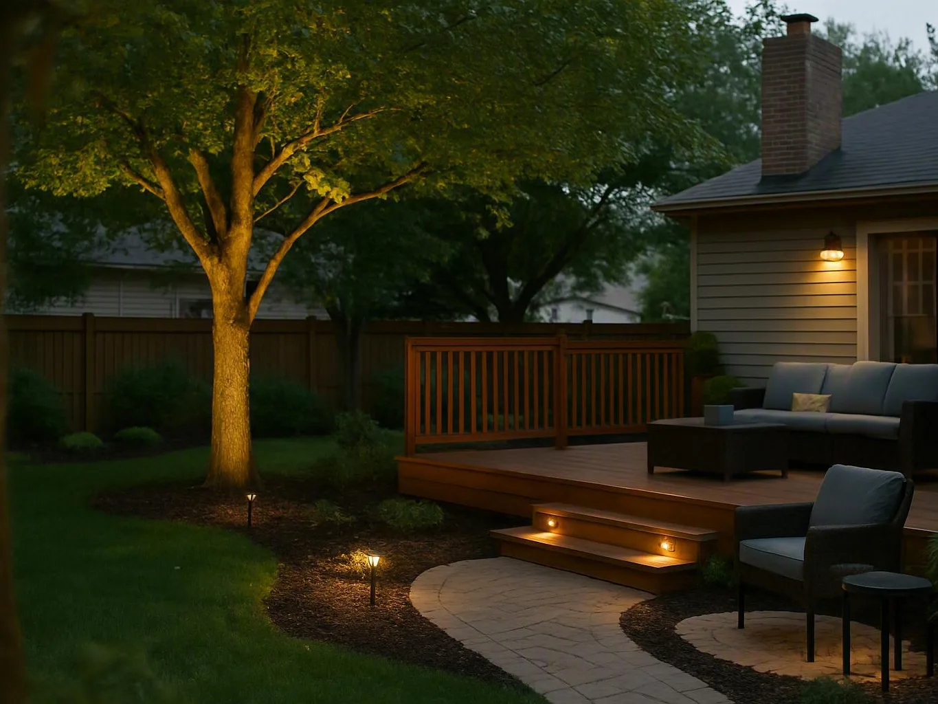 Lit backyard deck with patio chairs, a tree, and ground lights at dusk