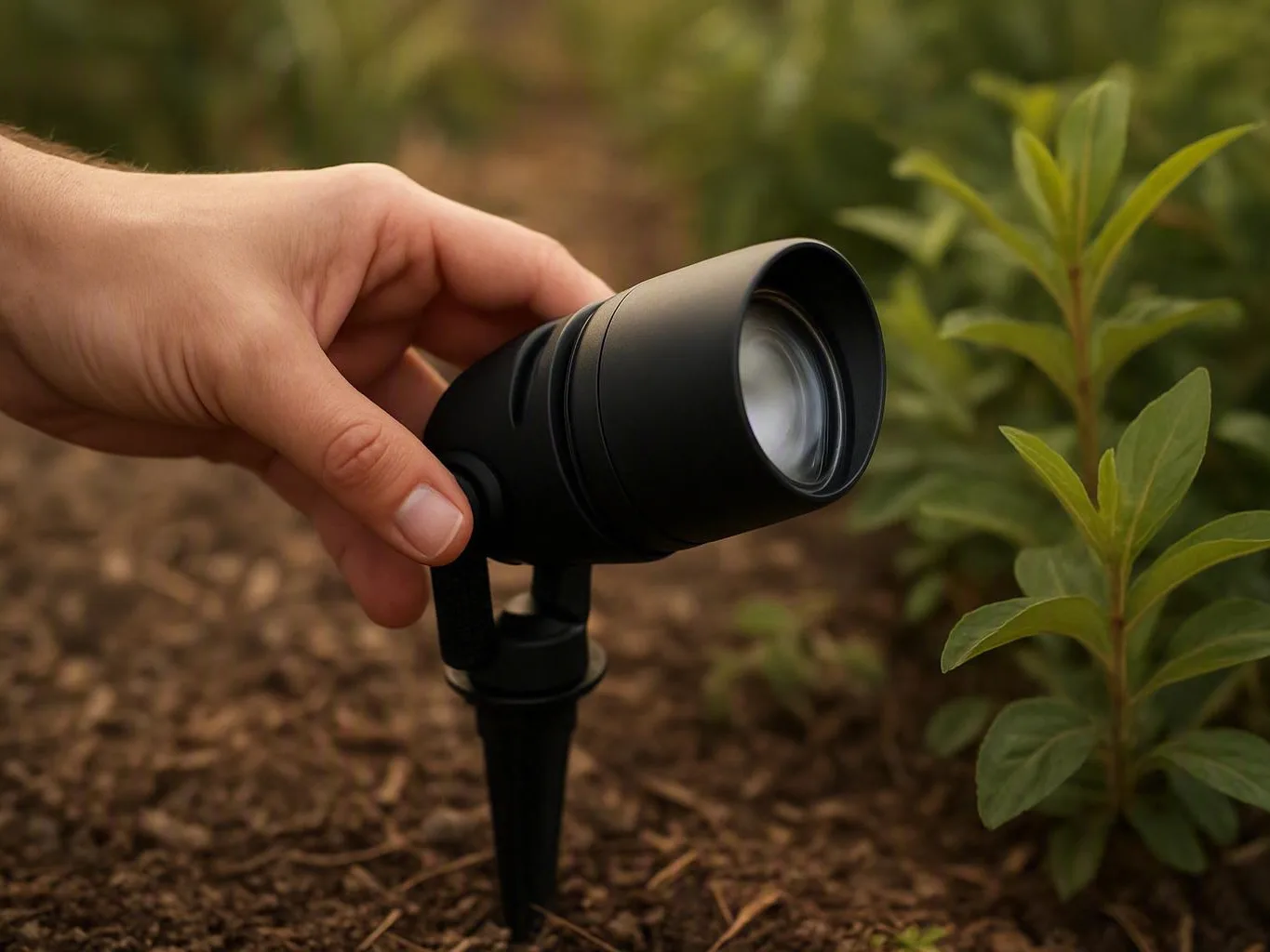 Hand adjusting a black garden spotlight beside a small plant in mulch