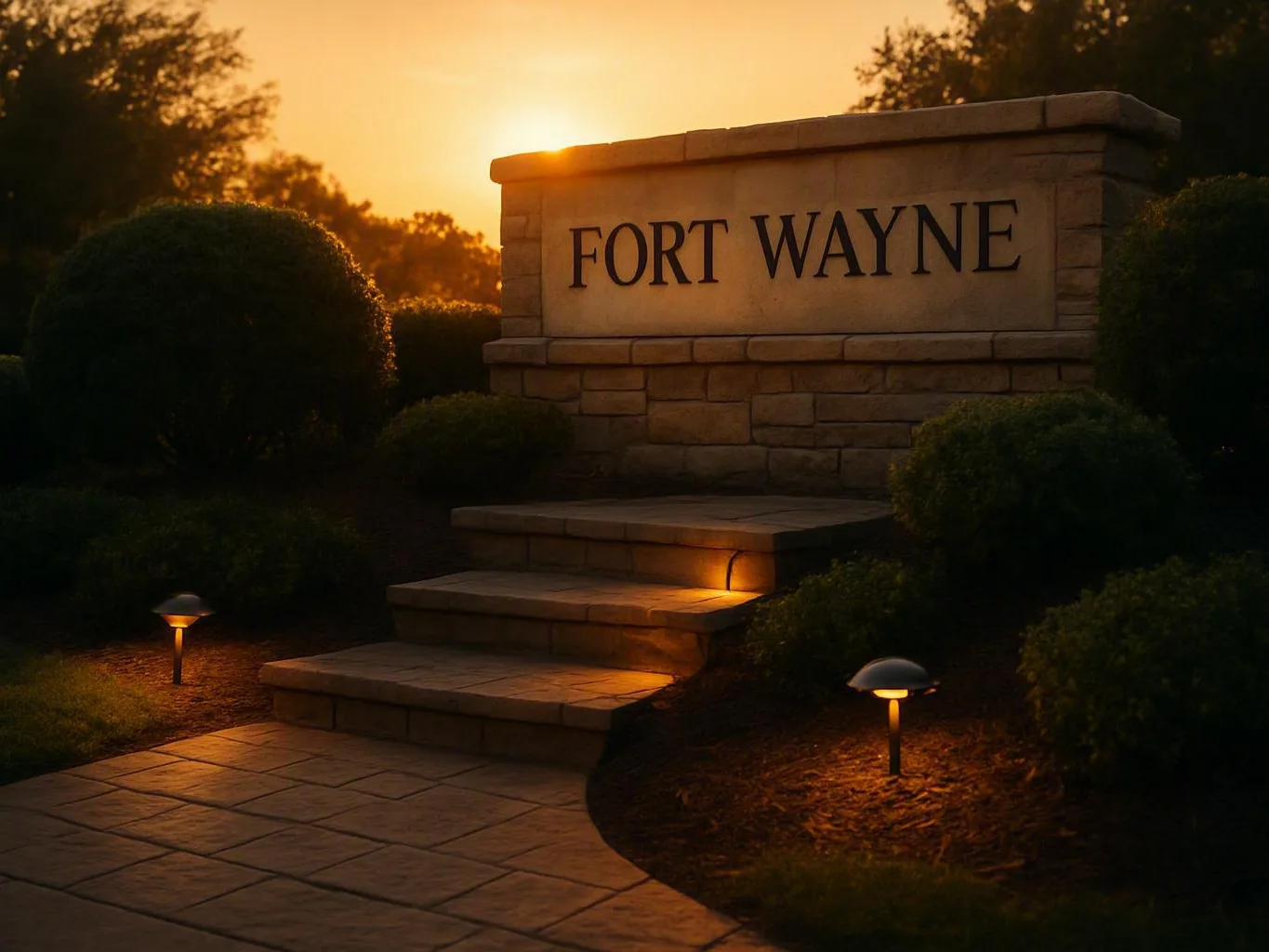 Stone Fort Wayne entrance sign glowing at sunset beside lit steps and pathway