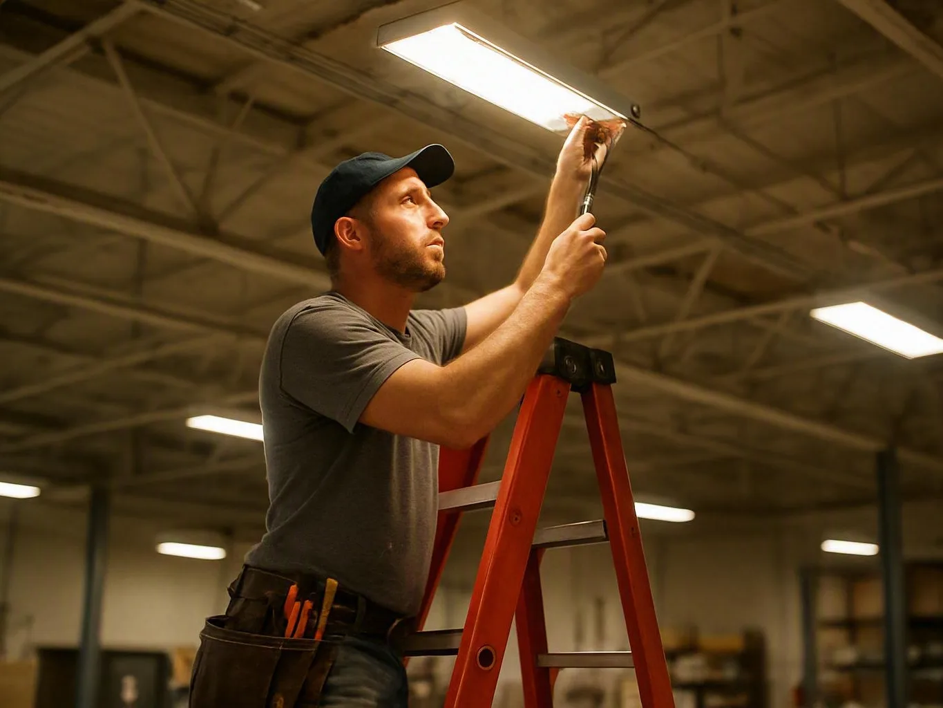 Man repairing a fluorescent ceiling light from a red ladder in a warehouse-like