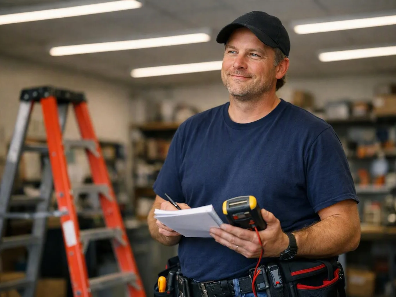 Smiling worker holding a notepad and scanner in a workshop with a ladder behind