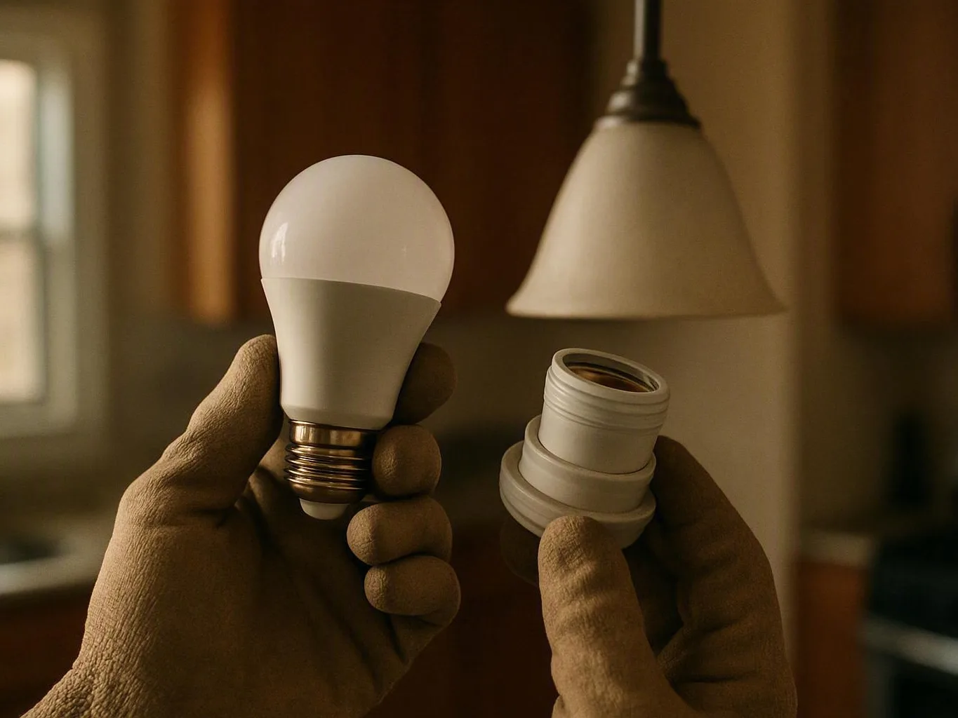 Gloved hands holding a light bulb and lamp socket in a warmly lit room