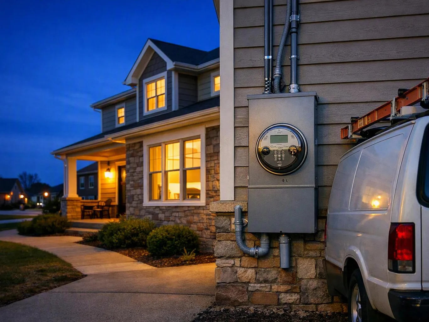 Suburban house at dusk with an exterior electric meter and parked white service