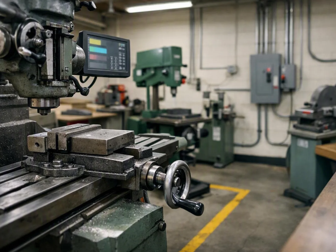 Metal milling machine in a workshop surrounded by industrial machines and gray