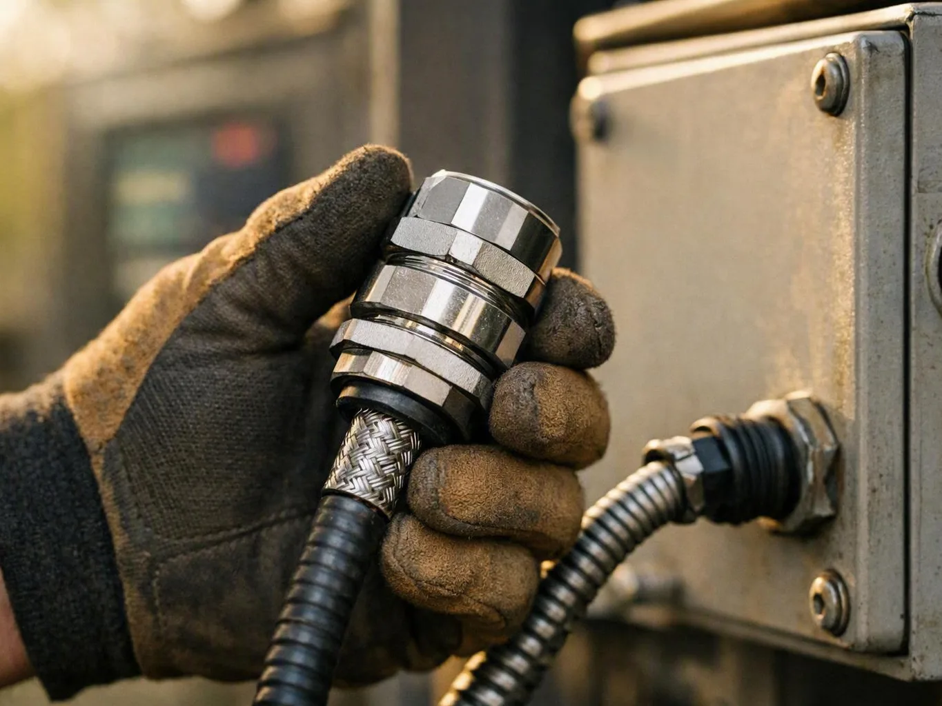 Gloved hand holding a metal cable fitting beside an industrial electrical box