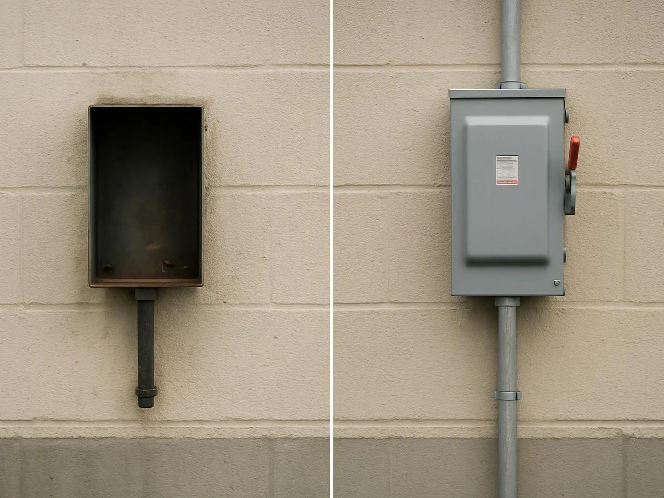 Wall-mounted electrical box shown before and after replacement on a beige block