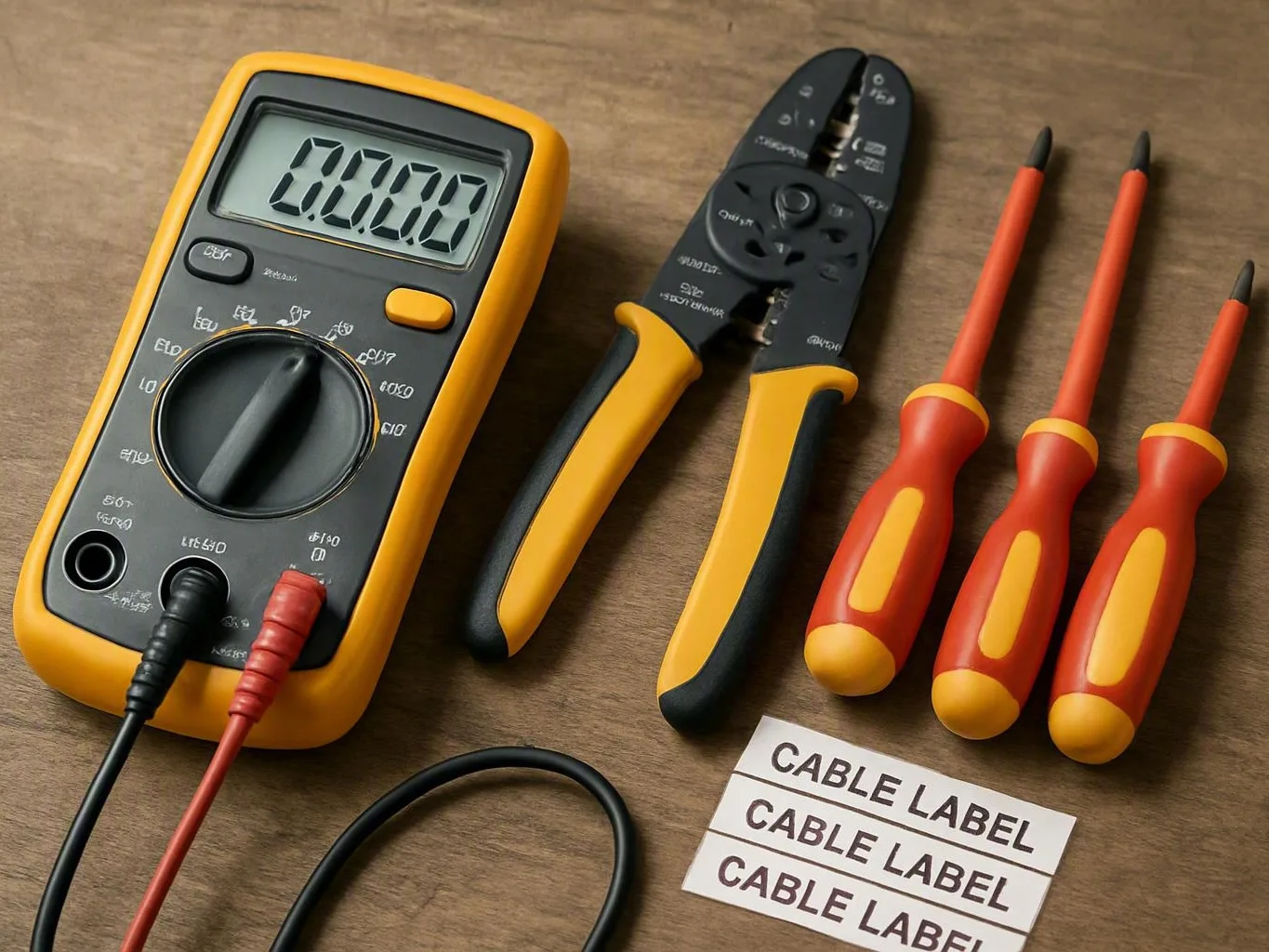 Digital multimeter, wire stripper, screwdrivers, and cable labels arranged on a