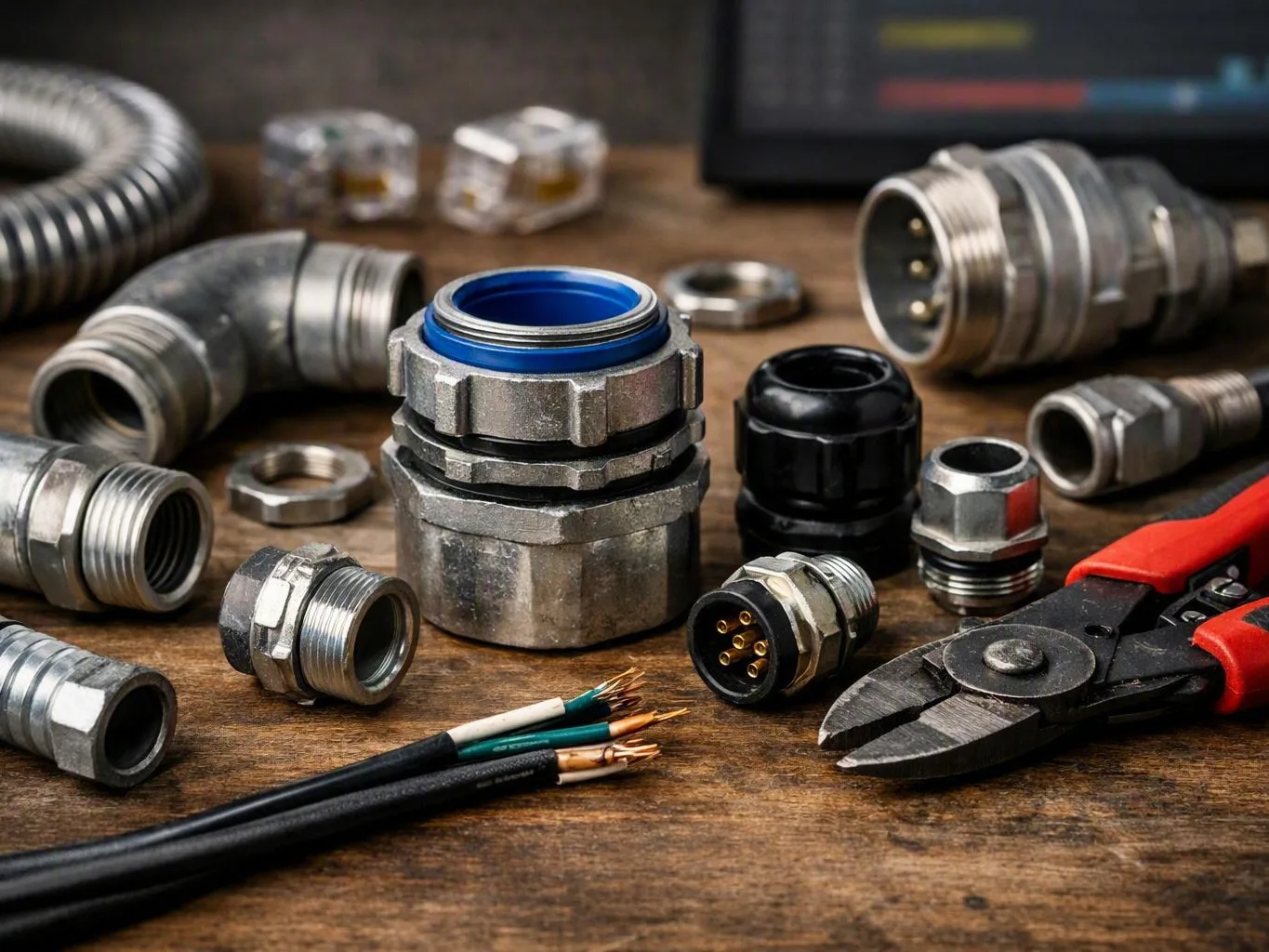 Metal electrical connectors, cut wires, and pliers spread across a wooden