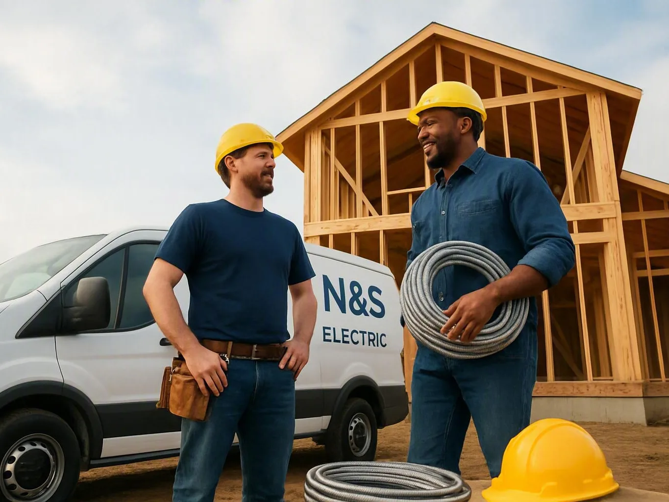 Two construction workers discuss wiring beside a van and wooden house frame