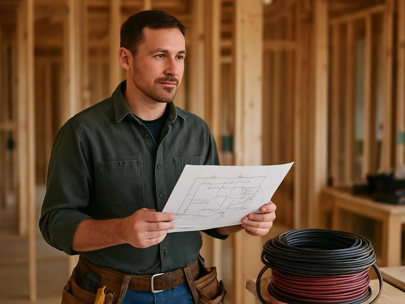 Construction worker studies a floor plan inside a framed building