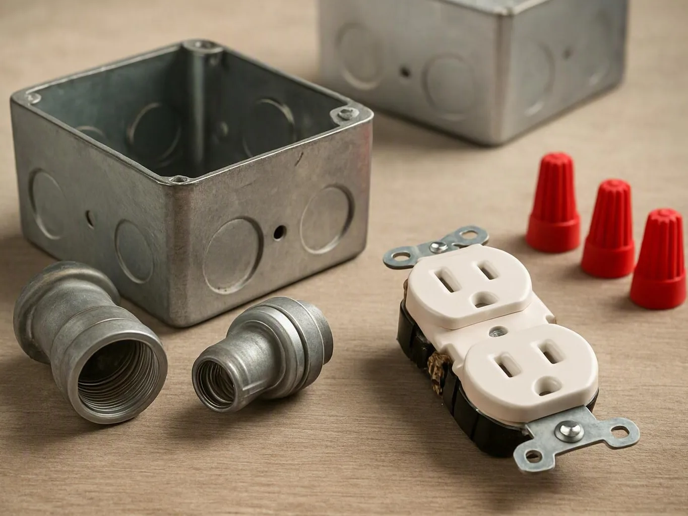 Electrical boxes, conduit fittings, outlet, and wire connectors arranged on a