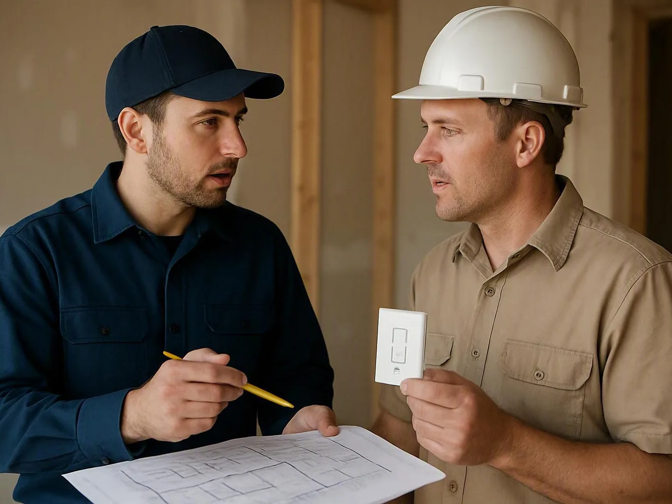 Two workers review a floor plan indoors while one holds a light switch plate