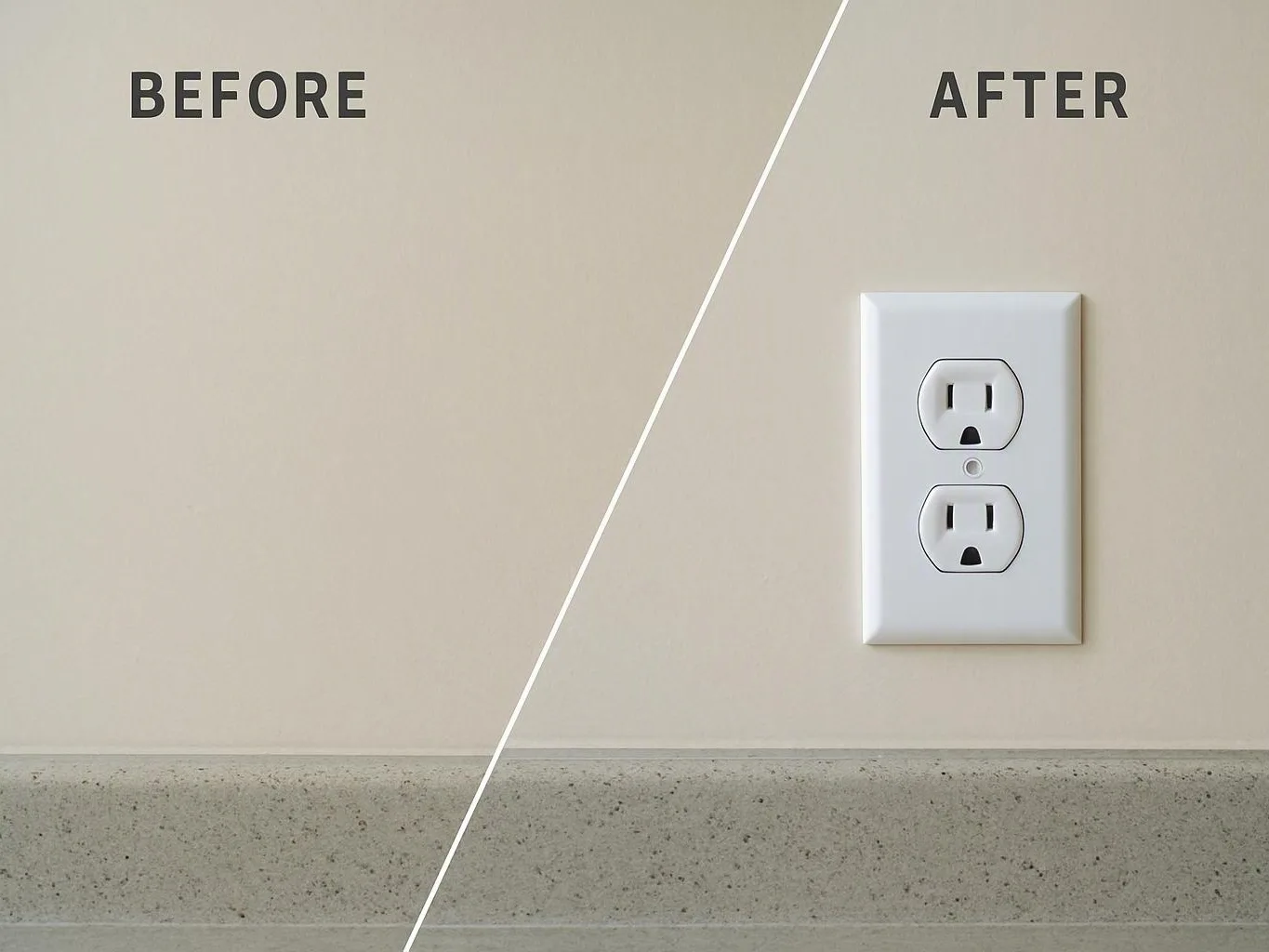 New white electrical outlet installed beside an older wall outlet in a