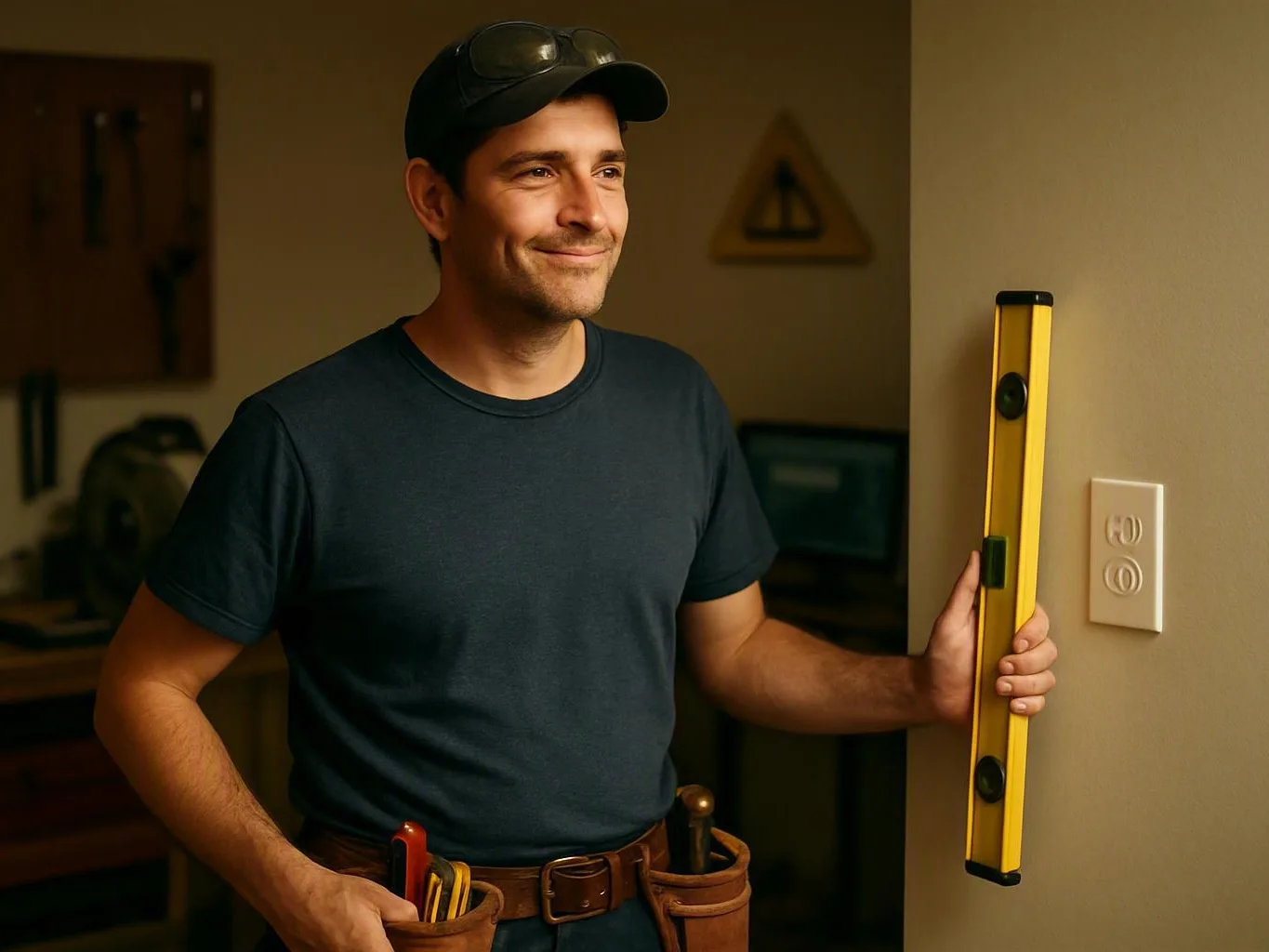 Man in a cap checks workshop wall alignment beside a light switch with a yellow