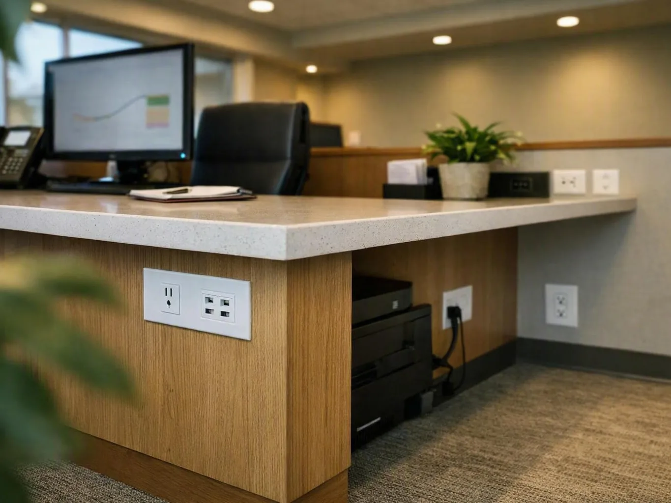 Modern office workspace with computer monitor, chair, plant, and accessible