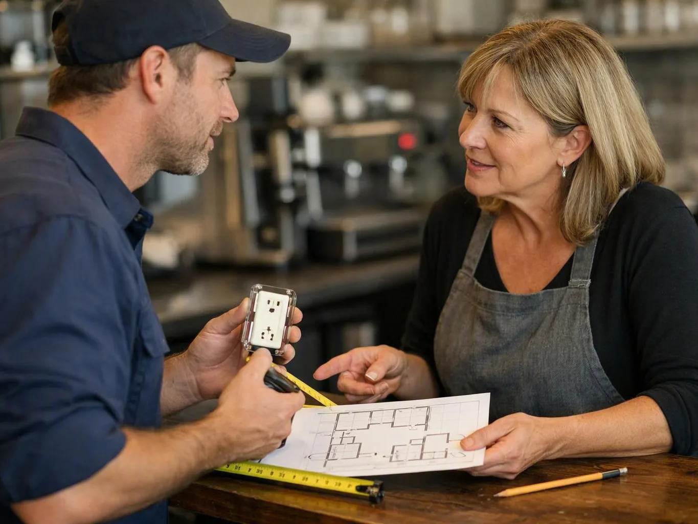 Man shows a woman a floor plan while discussing electrical work across a