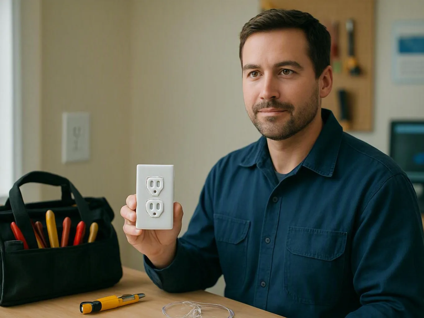 Man holding a white electrical outlet cover beside tools on a workbench