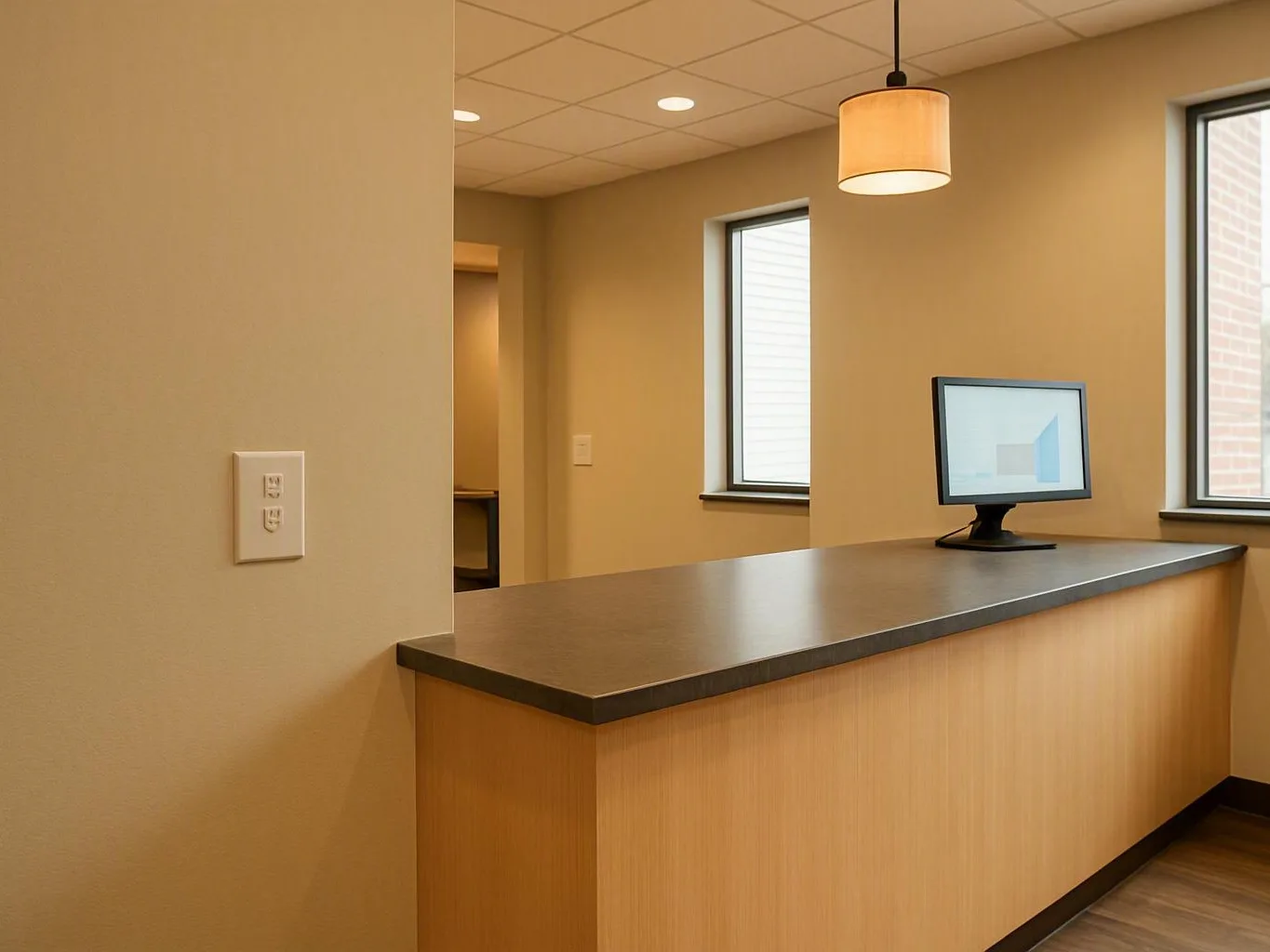 Empty office reception desk with monitor, pendant light, and two windows