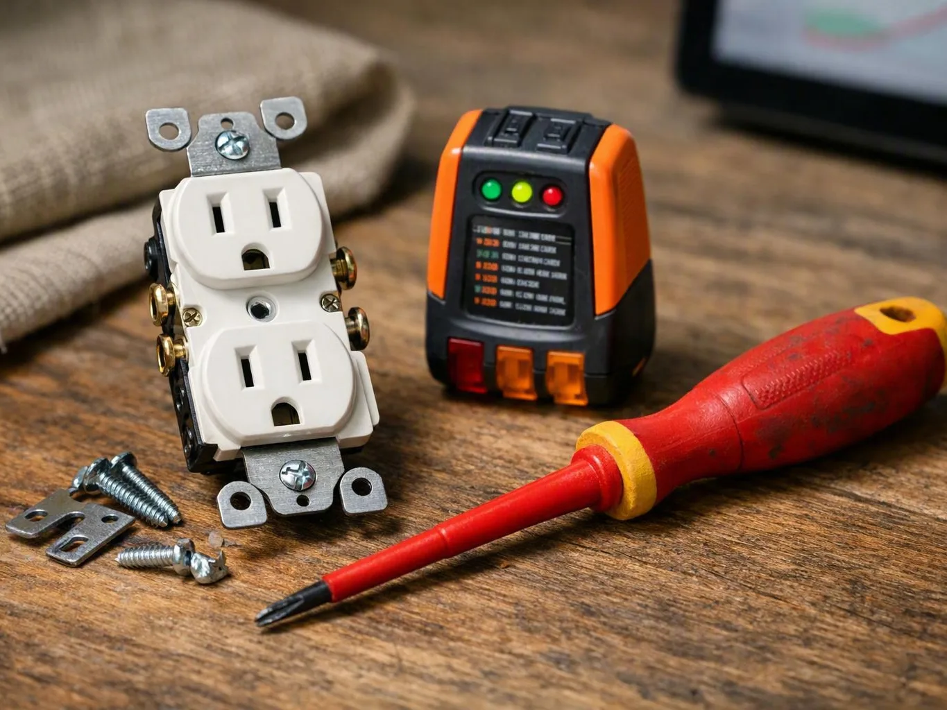 Duplex electrical outlet, voltage tester, screwdriver, and screws arranged on a