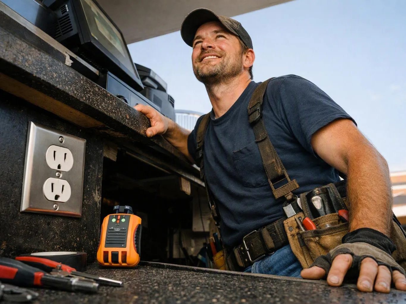 Smiling electrician in a cap standing beside tools and an outlet under an