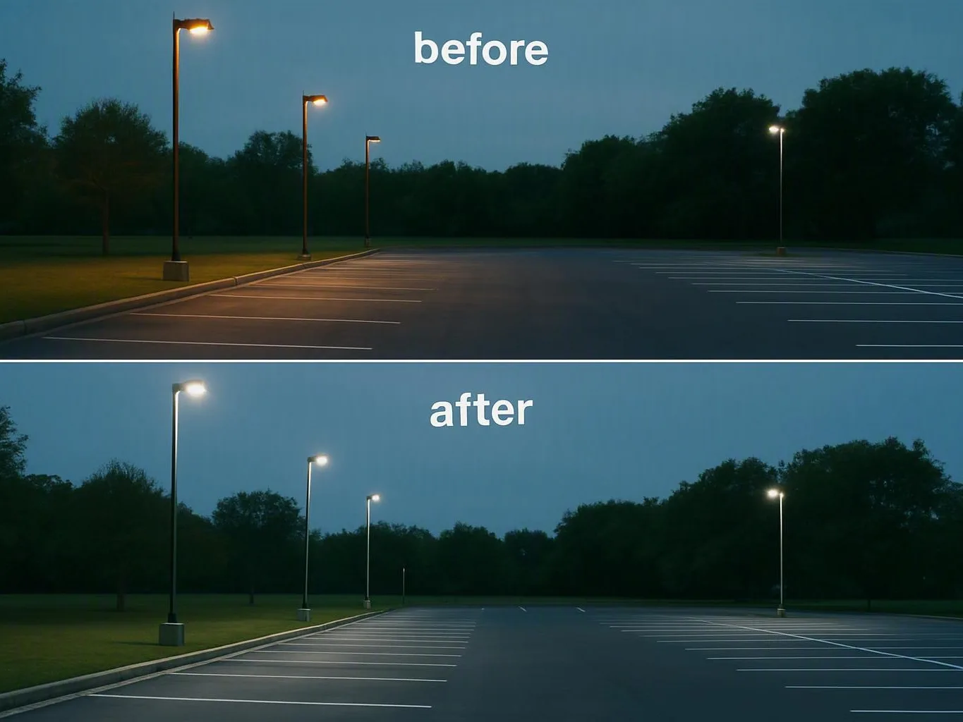 Before-and-after parking lots at dusk show brighter outdoor lighting in the