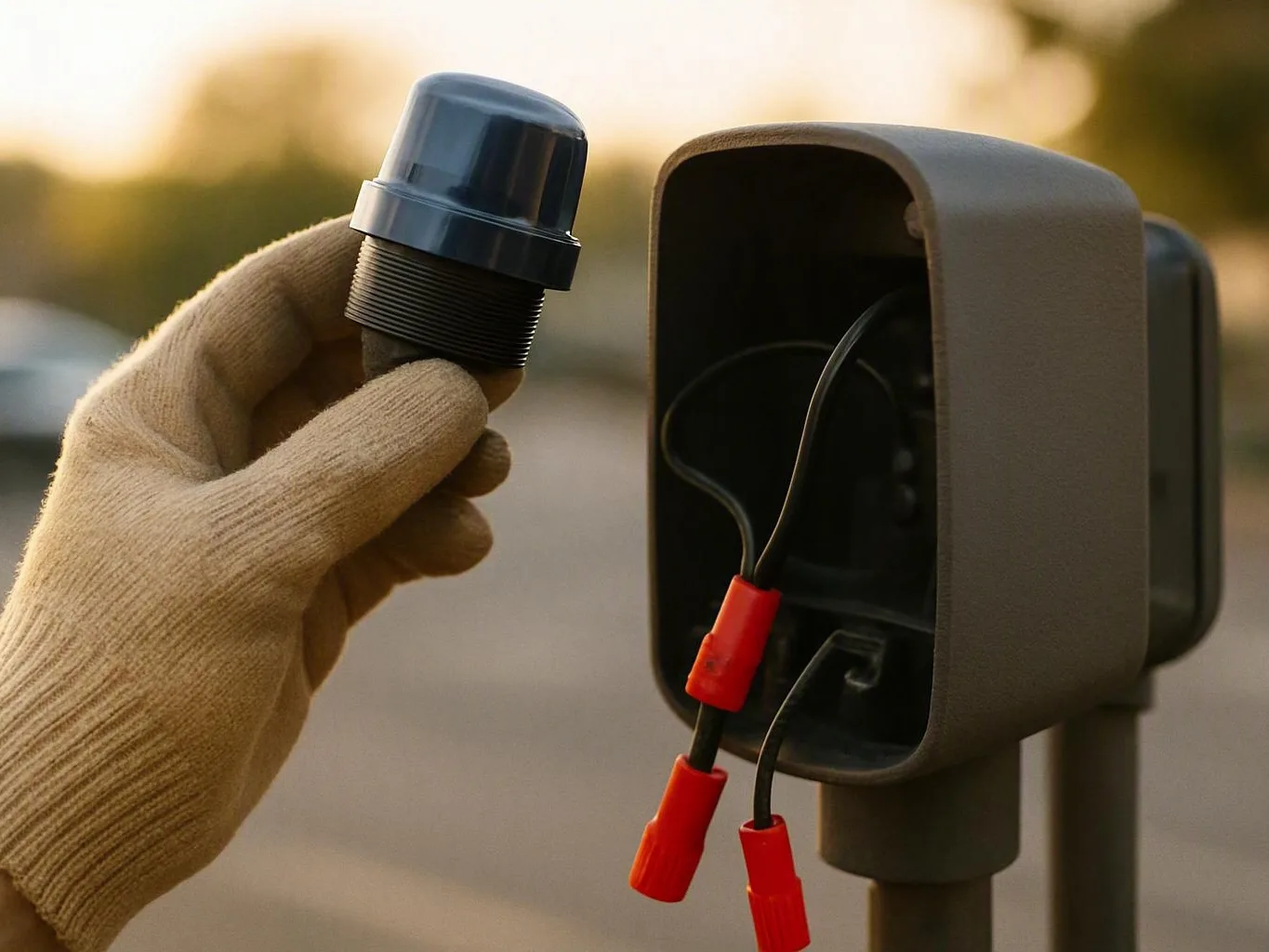 Gloved hand holding a lamp part beside an open outdoor electrical box with