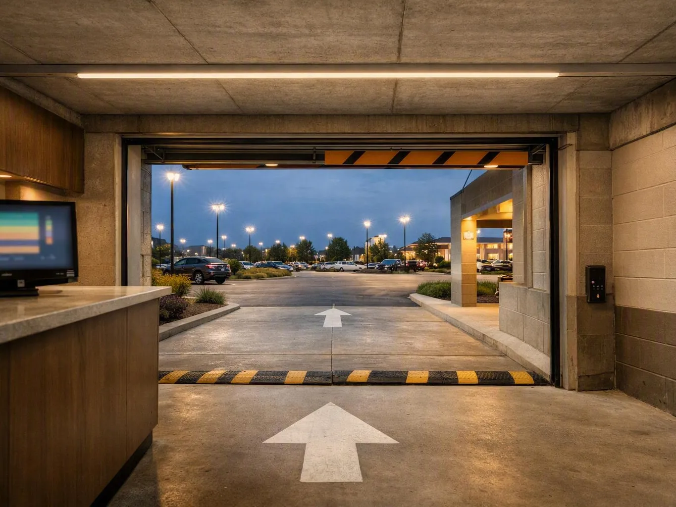 Parking garage exit leads to a lit outdoor lot with directional arrows and