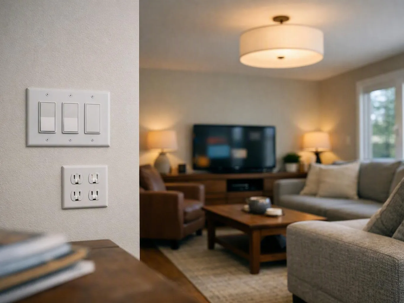 Living room with a television, seating, lamps, and close-up wall switches and