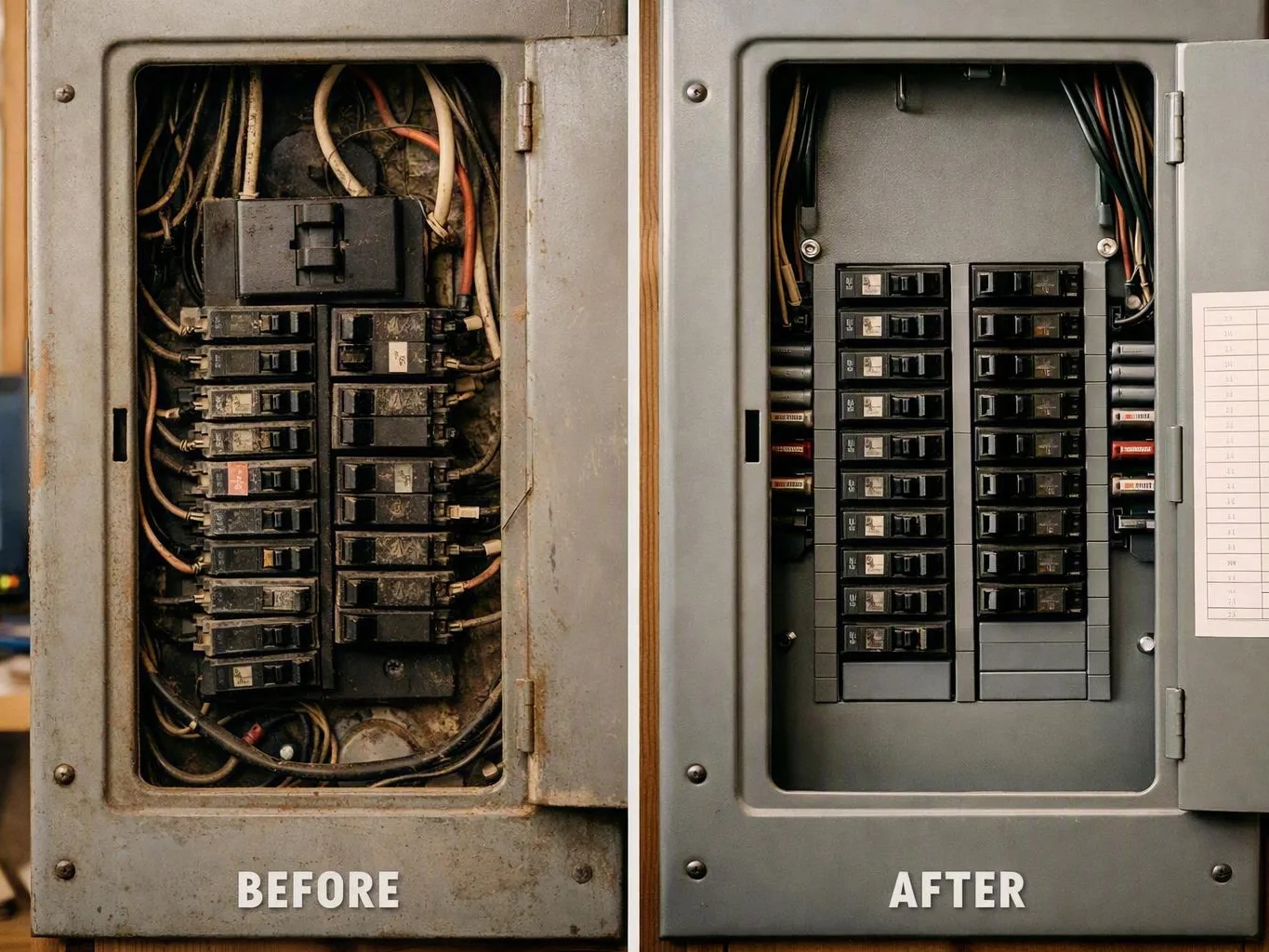 Side-by-side comparison of a messy old breaker box and clean updated electrical