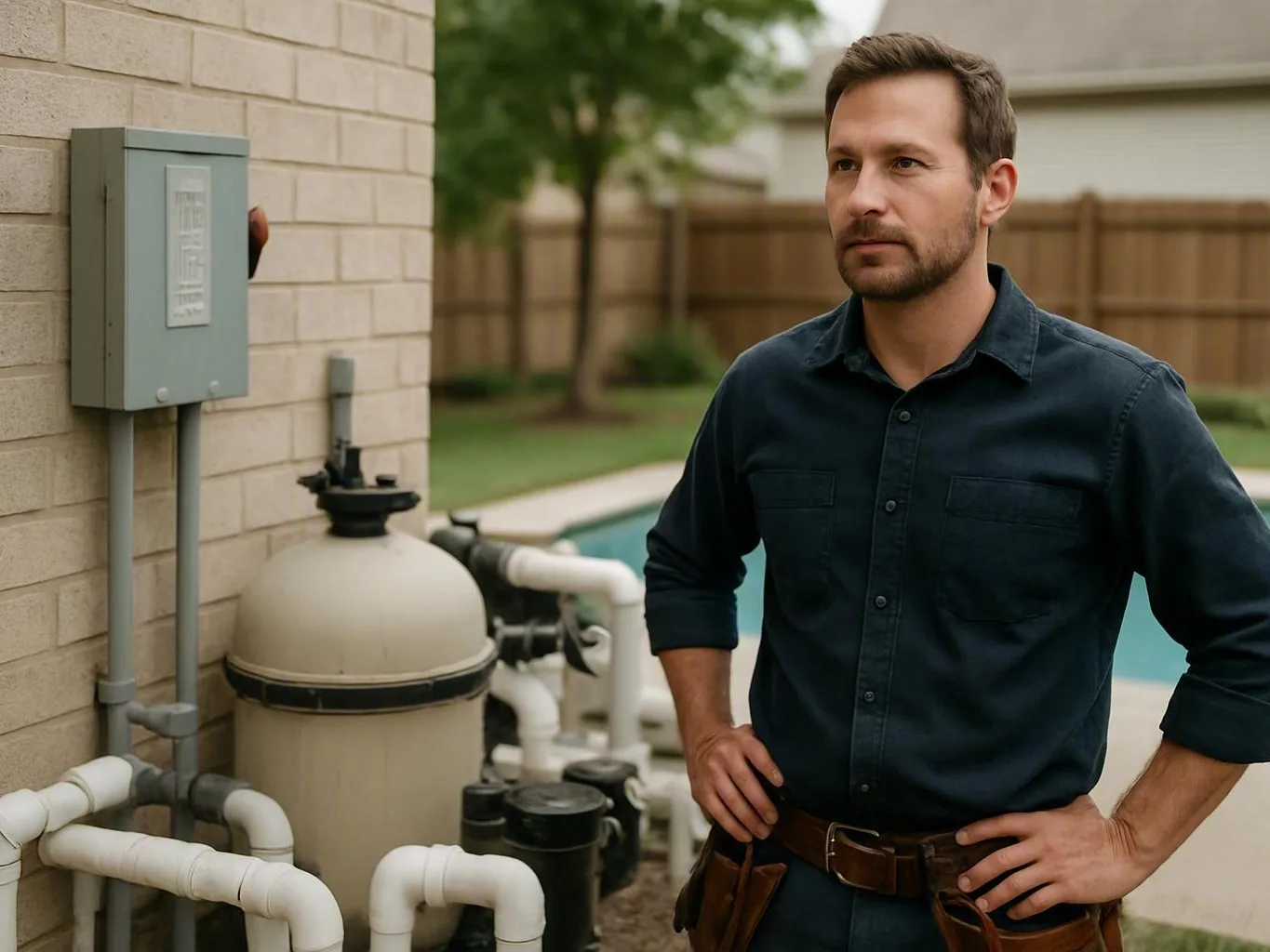 Man standing beside pool equipment and pipes in a backyard