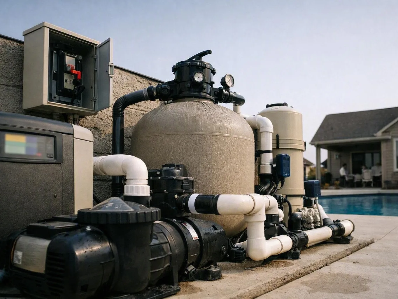Pool filtration equipment, pumps, pipes, and control boxes beside a backyard