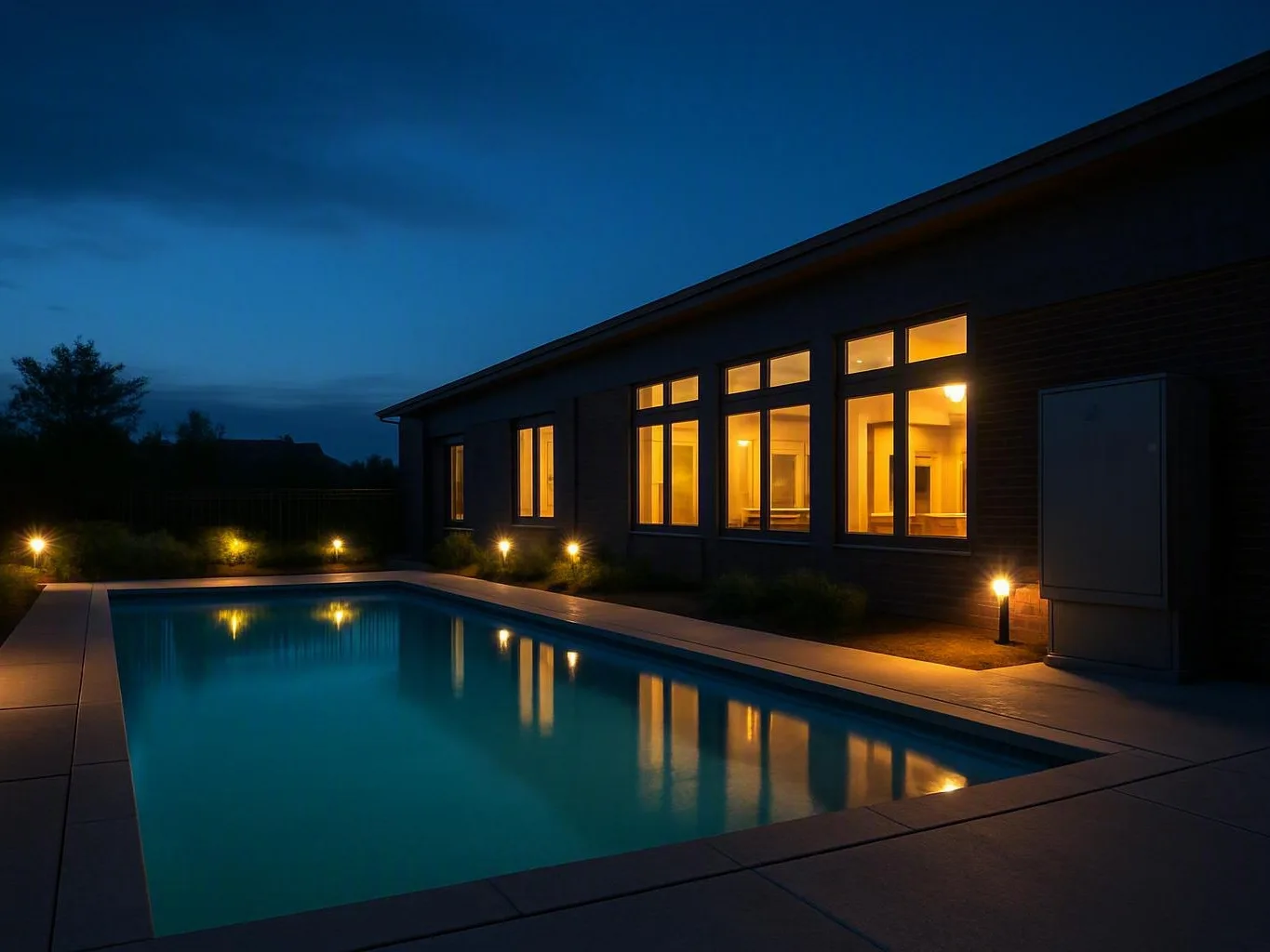 Lit backyard pool beside a modern house with glowing windows at dusk