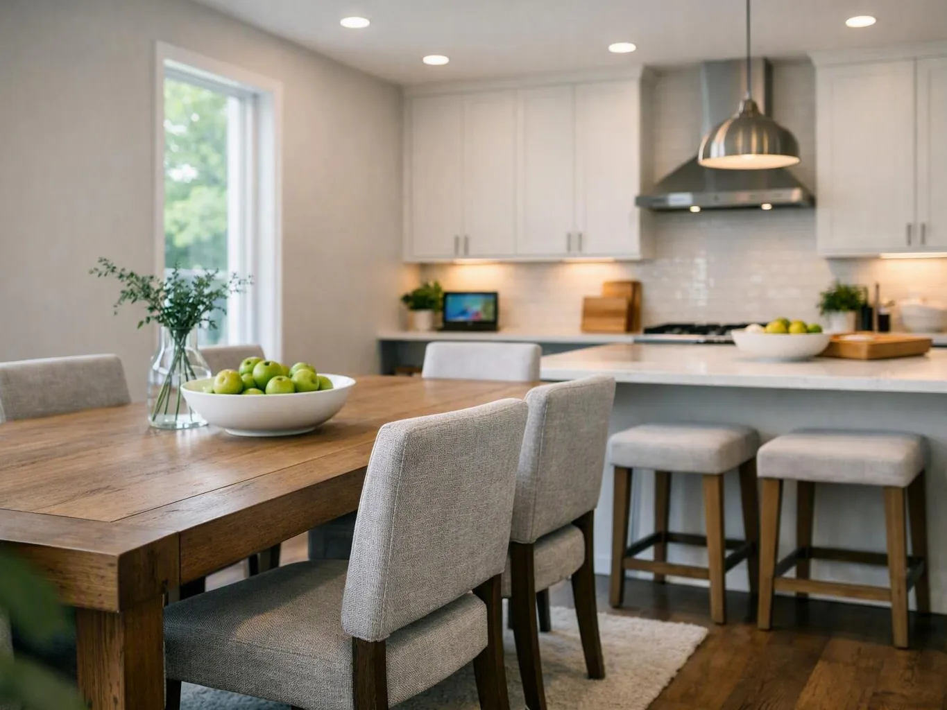Bright modern kitchen with a wooden dining table, island stools, and bowls of