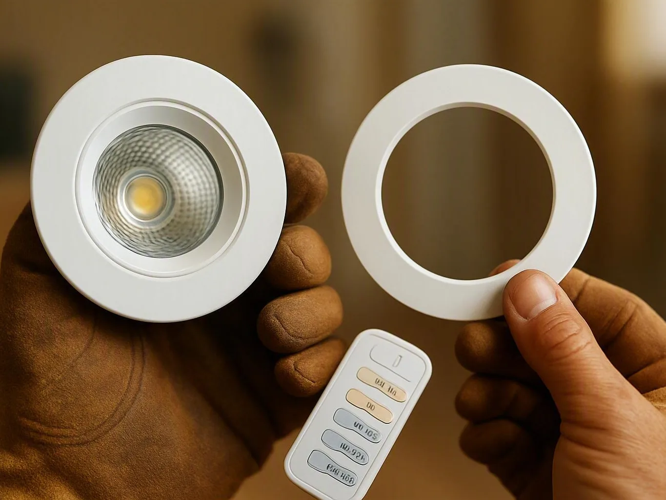 Hands holding a white recessed light, trim ring, and small remote indoors