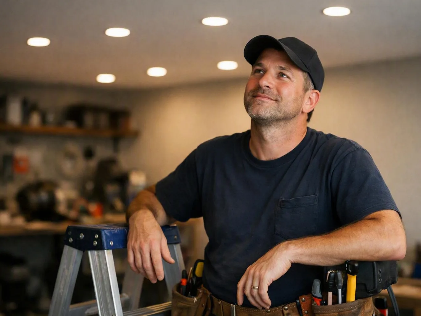 Smiling man in a black cap leaning on a ladder in a workshop