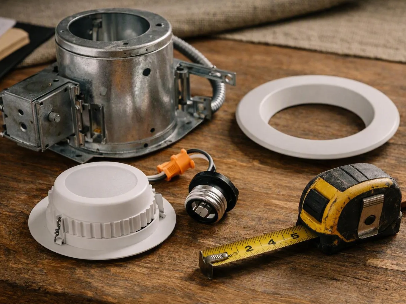 Electrical ceiling light parts and a tape measure arranged on a wooden workbench