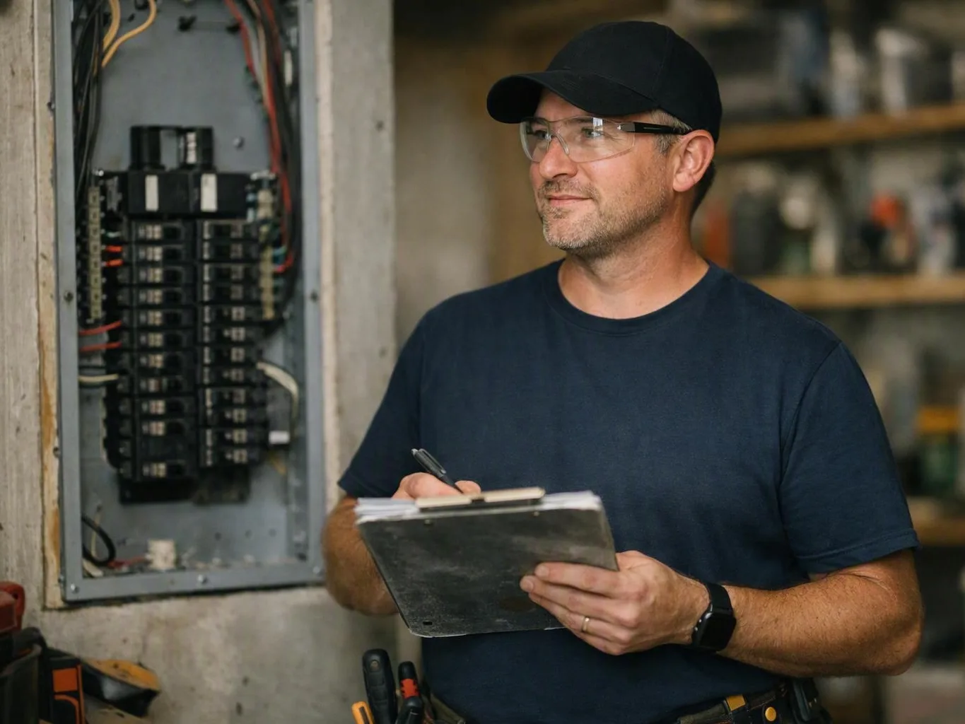 Electrician wearing safety glasses records notes beside an open breaker panel