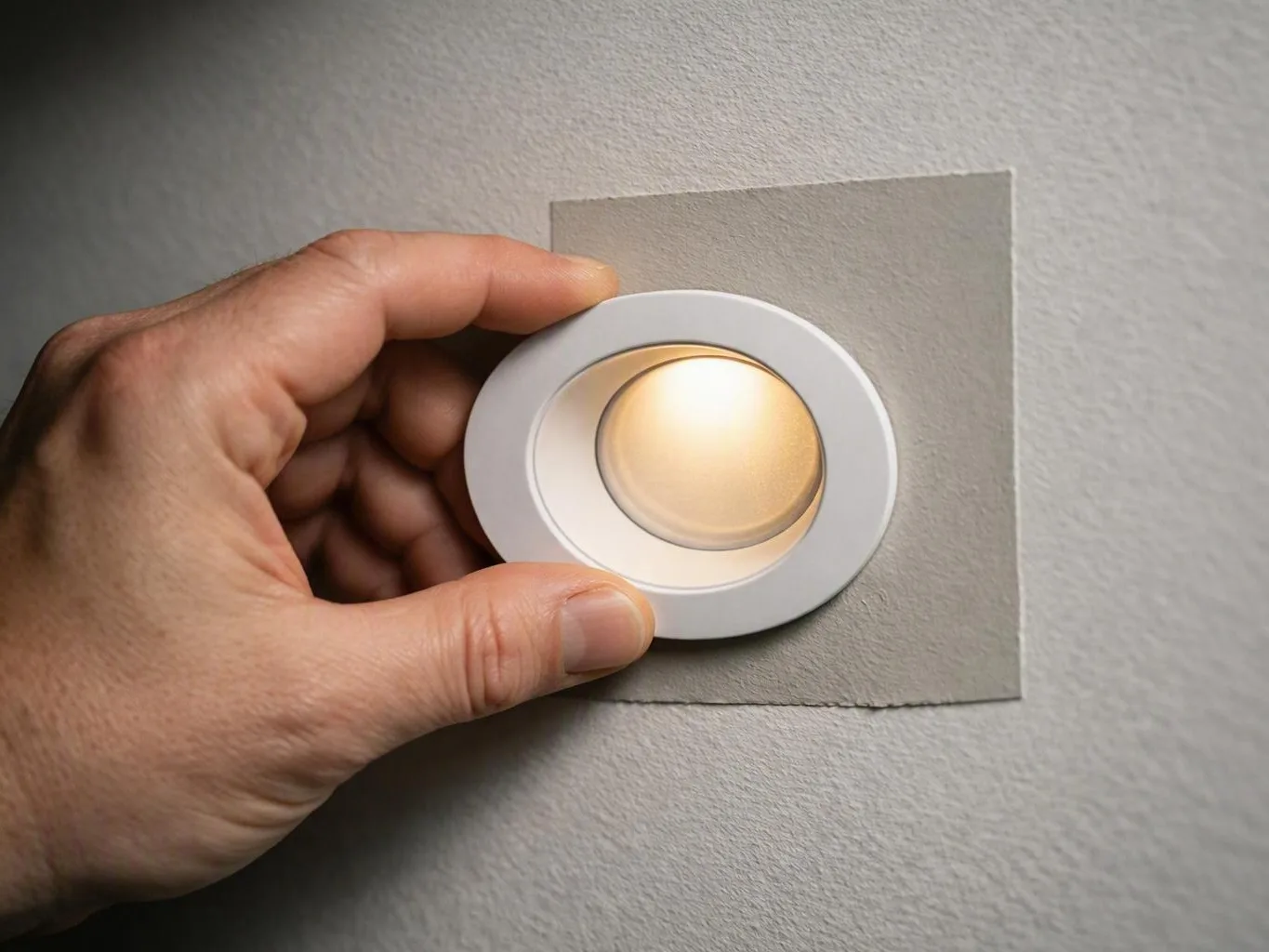 Hand holding a lit round recessed light beside a square wall patch