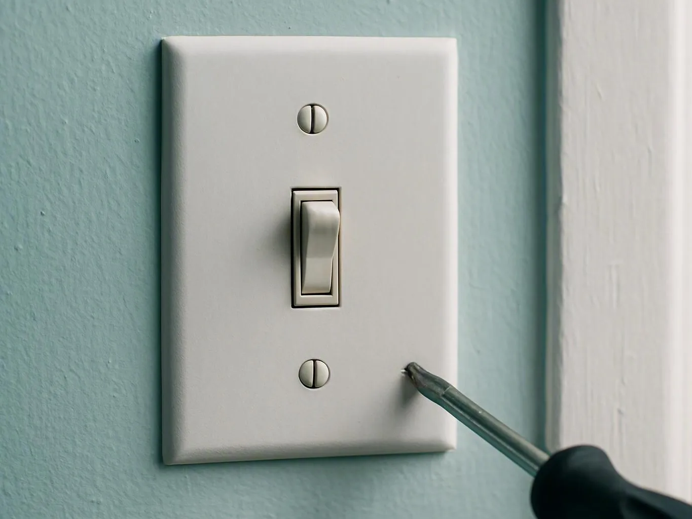 Screwdriver loosening a white light switch plate on a pale blue wall