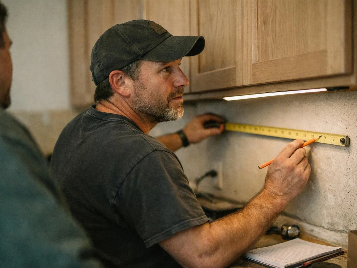 Man measuring a kitchen wall beneath cabinets with a pencil and notebook