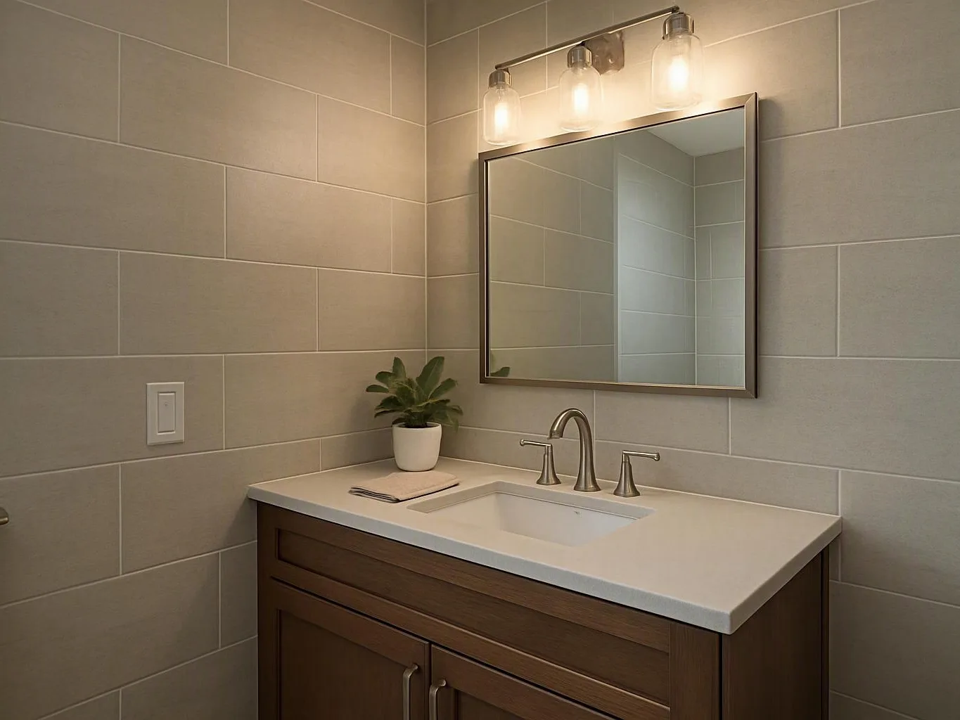 Modern bathroom vanity with mirror, three lights, sink, and potted plant