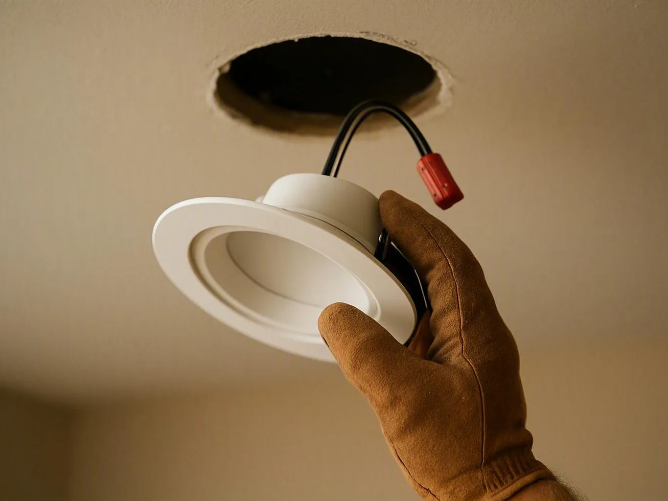Gloved hand holding a recessed ceiling light fixture beneath an open ceiling